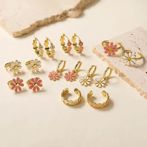Gänseblümchen Ohrringe Und Verstellbarer Ring Schmuck Damen Mädchen Süß Emaille Kupfer Blume Goldton