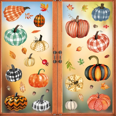 Thanksgiving Window Clings Static Stickers Autumn Pumpkin Maple Leaf Decoration Double Sided PVC Home Party Decor
