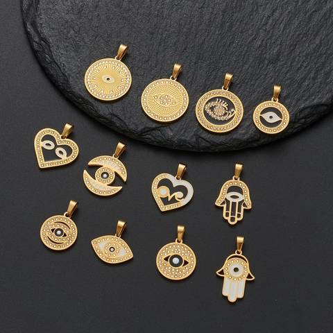 Edelstahl Böser Blick Hamsa Hand Anhänger Halskette Charms 18K Vergoldet Strass Emaille Schutz Schmuck Unisex