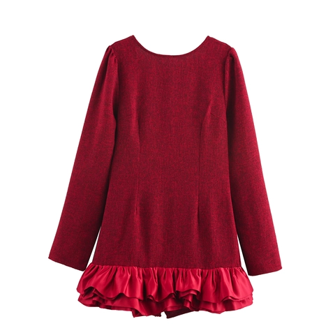 Mini Jurk Lange Mouwen Ronde Hals Rugloos Gelaagde Ruchezoom Getextureerde Tweed Elegant Donkerrood Mode Voor Dames