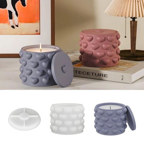 Heart Embossed Silicone Mold For DIY Storage Box Candle Jar Making Relief Pattern Craft Tool With Lid