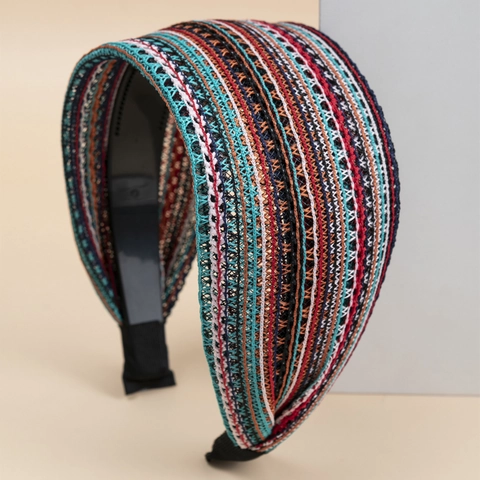 Wide Headband For Women Colorful Woven Stripe Geometric Pattern High Top Retro Hair Hoop Non Slip Fashion Hair Accessory