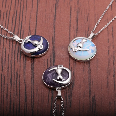 Collier Pendentif Chat Sur La Lune Chaîne En Acier Inoxydable Pierre Naturelle Améthyste Lapis-Lazuli Opalite