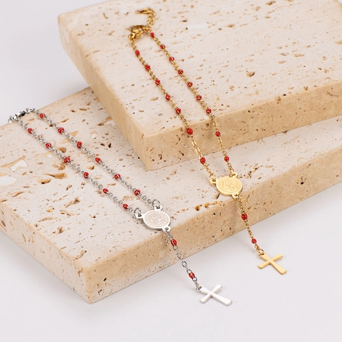 Pulsera Estilo Rosario Acero Inoxidable Cuentas Rojas Religioso Medalla Virgen María Colgante Cruz Joyas Bohemio Mujeres