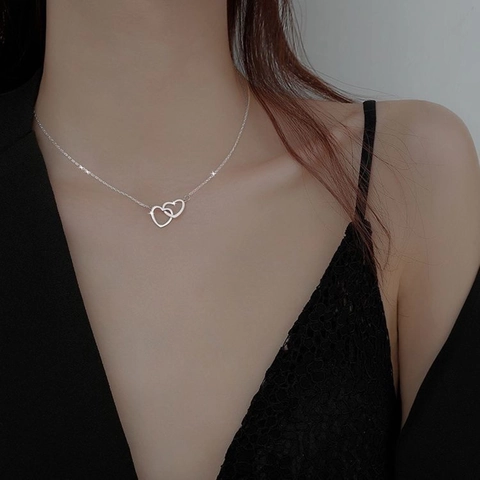 Collier Pendentif Cœur Entrelacé Alliage De Zinc Minimaliste Chaîne Double Cœur Bijoux Pour Femmes Cadeau Élégant