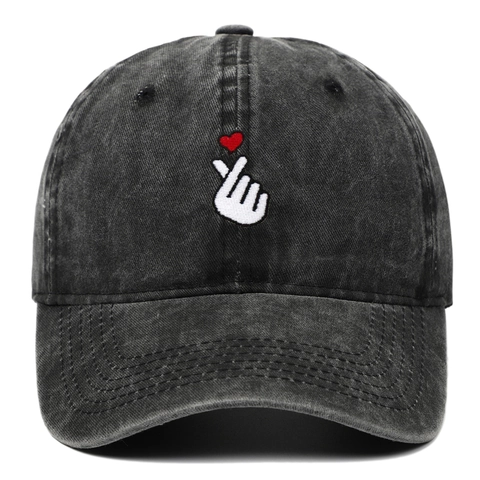 Baseball Cap Finger Heart Embroidery Washed Cotton Distressed Vintage Outdoor Sun Hat Adjustable Unisex
