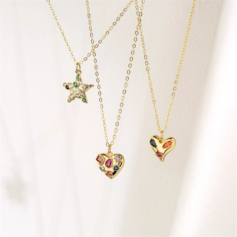 Elegante Herz Stern Hamsa Hand Anhänger Halskette Kupfer Mikro Pave Bunte Zirkonia Schlüsselbeinkette Schmuck Für Frauen
