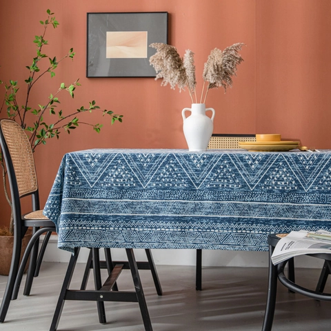 Geometric Triangle Print Cotton Linen Rectangular Tablecloth Blue Tribal Pattern Table Cover For Dining Coffee Table