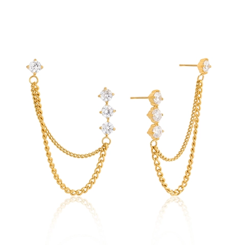 Women's 18K Gold Plated Stainless Steel Double Piercing Chain Earrings With White Zirconia Tassel Geometric Jewelry Gift