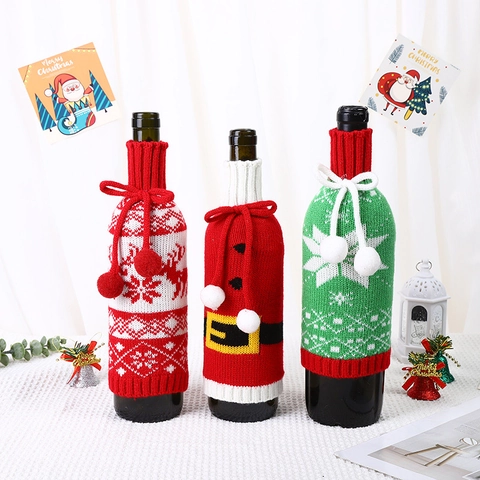 Fundas Para Botellas De Vino De Navidad Punto Acrílico Patrones De Reno Copo De Nieve Cinturón Santa Pompones Mesa De Fiesta
