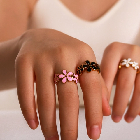 Anello Fiore Acciaio Inossidabile Smalto Colorato Geometrico Asimmetrico Stile Ins Gioielli Per Donna