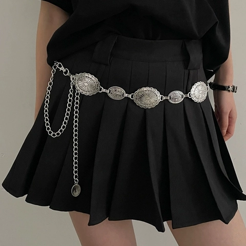 Vintage Metal Waist Chain Belt For Women Engraved Alloy Floral Sunburst Pattern Bohemian Ethnic Style Adjustable