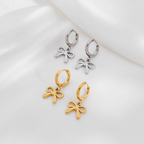 Bow Pendant Hoop Earrings Stainless Steel High Polish Sweet Elegant Style Jewelry For Women