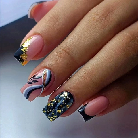 Black Pink French Gold Foil Press On Nails Abstract Curved Line Ink Wash Style Artistic Long Square Artificial Nails For Women