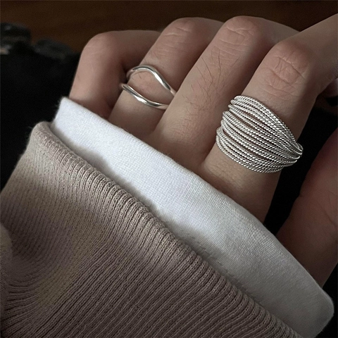 Minimalist Multilayer Stackable Ring Silver Color Metal Geometric Twist Rope Adjustable Finger Jewelry For Women Retro