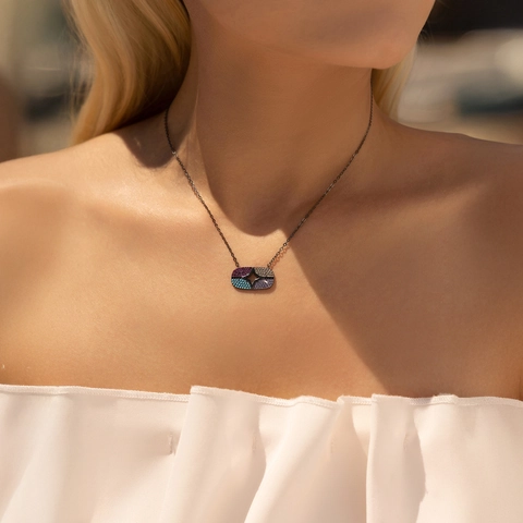 Collana In Argent Sterling 925 Ciondolo Rettangolare Placcato Oro Nero Intaglio Stella Zirconia Colorata Hip Hop Donna