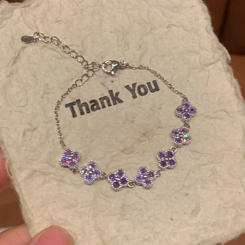 Elegante Bracciale Quadrifoglio Intarsio Zircone Viola Rame Placcato Argento Catena Regolabile Gioielli Per Donna