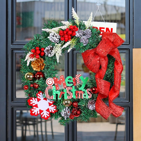 Christmas Wreath Artificial Pine Needle Red Bow Merry Christmas Letter Sign Berries Pine Cones Snowflake Home Door Decor