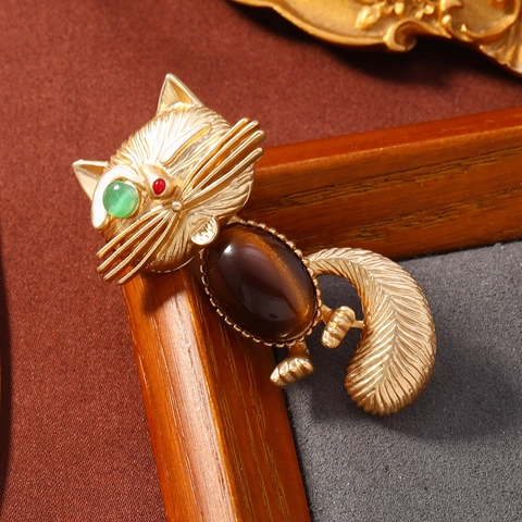 Spilla Gatto Oro Opaco Vintage Spilla Animale In Lega Con Pietra Occhio Di Gatto Strass E Ciondolo Perla Artificial Per Accessorio Cardigan Donna