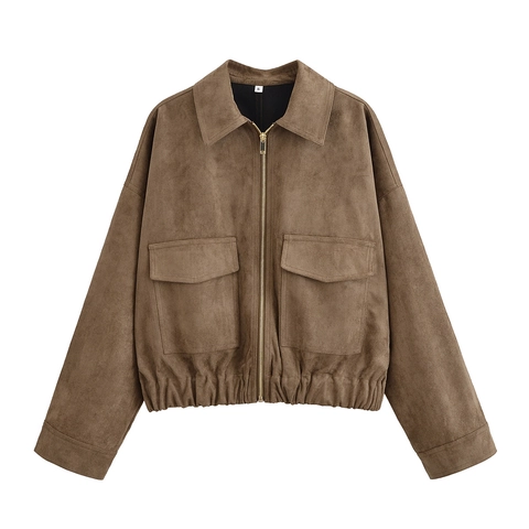 Women Faux Suede Jacket Zip Up Long Sleeve Outerwear With Flap Pockets Turn Down Collar Casual Vintage Solid Color