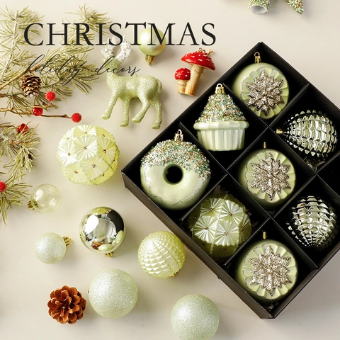 Sage Green Christmas Tree Ornaments Plastic Glitter Hanging Holiday Party Decorations Reindeer Star Ball Bauble