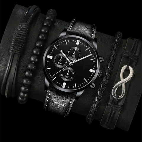 Men Business Fashion Quartz Watch And Bracelet Set Leather Strap Three Eye Dial Men Gift Box Set With Wallet Bracelet