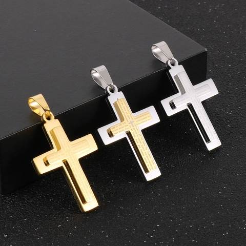 Stainless Steel Double Layer Cross Pendant Necklace Engraved Lord's Prayer Religious Jewelry For Men Women Twist Chain