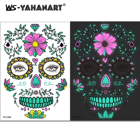 Tatouages Temporaires Visage Halloween Jour Des Morts Imperméable Fluorescent Crâne De Sucre Pour Fête