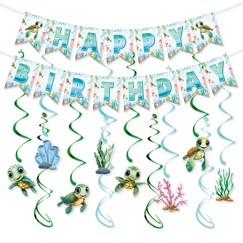 Sea Turtle Birthday Party Decoration Ocean Theme Cardstock Happy Birthday Banner Spiral Hanging Ornaments Backdrop