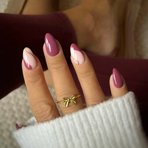 Unghie Finte Eleganti Mandorla Magenta E Rosa Con Linea Dorata Lucide Unghie Artificiali In ABS Per Donne