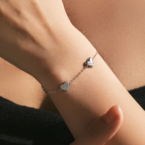 Pulsera de Corazón de Plata de Ley 925 para Mujer Pulido Espejo con Dije de Diamante de Imitación Joyería de Moda