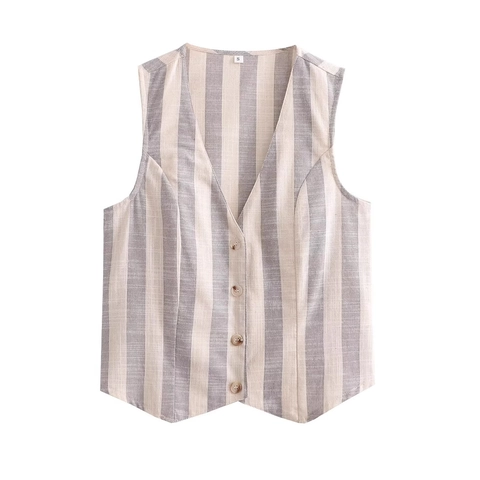 Striped Vest And Wide Leg Pants Striped V Neck Sleeveless Top Trousers Polyester Casual Vacation Style Women