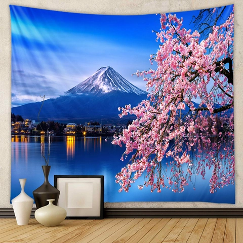 Mount Fuji Tapestry Wall Hanging Polyester Landscape Cherry Blossom Sakura Pagoda Japanese Style Aesthetic Room Decor