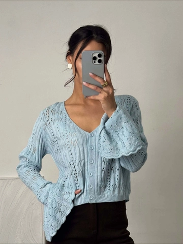 Cardigan En Maille Ajourée Col En V Manches Cloche Mélange Coton Polyester Top Court Femmes