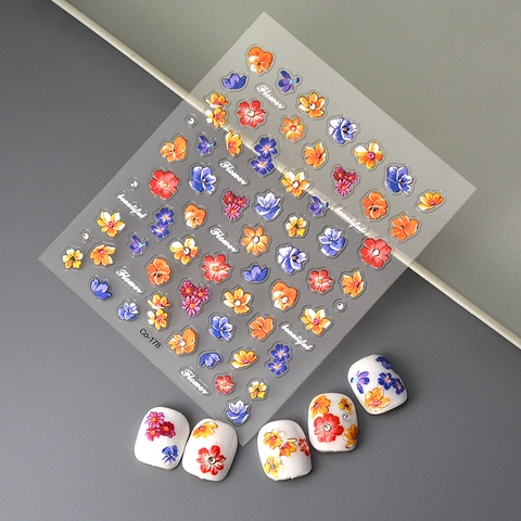 5D Geprägte Nagelkunst Aufkleber Wasserdichtes Blumen Design Transparente Maniküre Dekoration Strass DIY Abziehbilder Süß