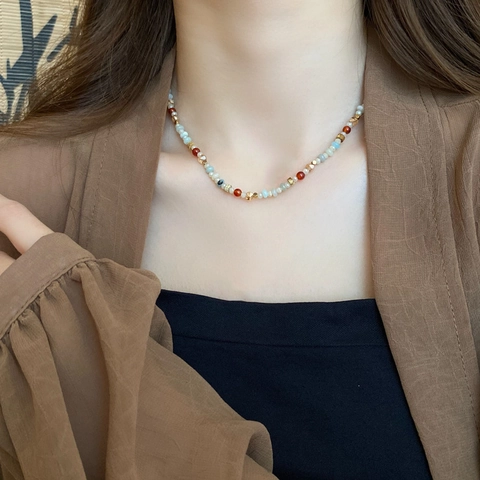 Collana Di Perline Pietra Naturale Rame Choker Stile Bohemien Etnico Fatto A Mano Regolabile Per Donne