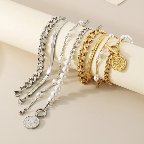 Bracciali Sovrapposti Multistrato Acciaio Inossidabile Perla Artificial Conchiglia Catena Cubana Serpente Pendente Moneta Stile Vintage Donne