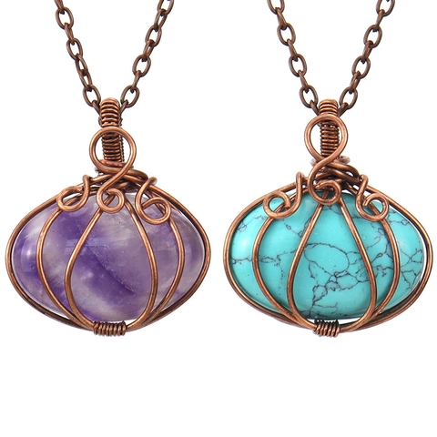 Handmade Wire Wrapped Natural Stone Pumpkin Lantern Pendant Necklace Vintage Copper Jewelry Bohemian For Women
