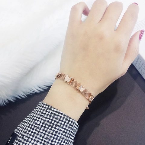 Elegantes Schmetterling Mesh Armband Titanstahl Uhrenarmband Stil Für Damen Roségold Gold Silber Gewebter Mesh Schmuck