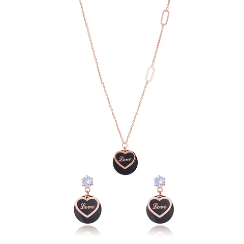 Heart Necklace And Earrings Stainless Steel Cubic Zirconia Love Engraved Clavicle Chain Elegant French Style For Women