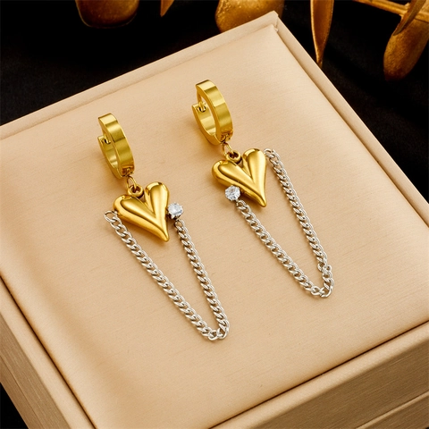 Titanium Steel Heart Pendant Drop Earrings With Long Chain Rhinestone Inlaid Gold Plated Fashion Jewelry For Women