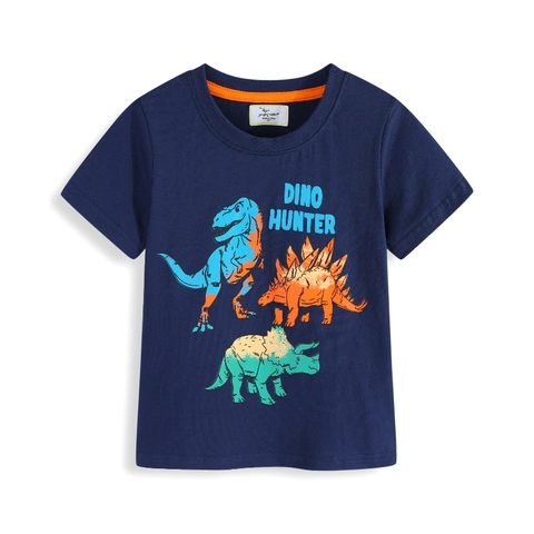Maglietta In Cotone Per Bambini Stampa Dinosauro Cacciatore Manica Corta Girocollo Estate Casual Traspirante Blu Marino