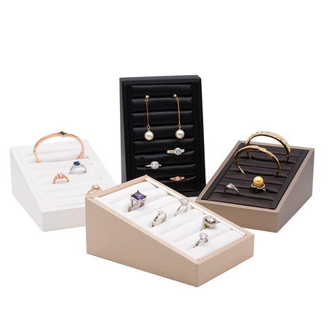 Jewelry Display Stand PU Leather Inclined Step Tray Ring Earring Bracelet Organizer Multi Slot Counter Showcase Elegant