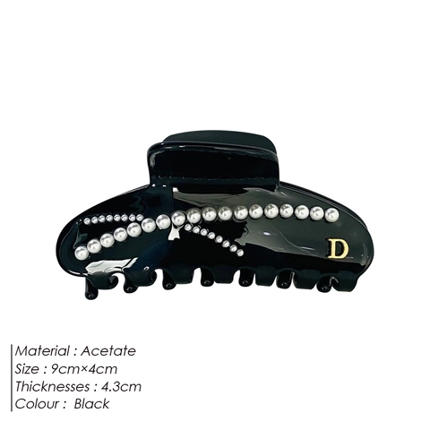 Molletta Per Capelli In Acetato Vintage Francese Con Perla Artificiale Elegante Lettera In Metallo Fermaglio Nero Per Donna