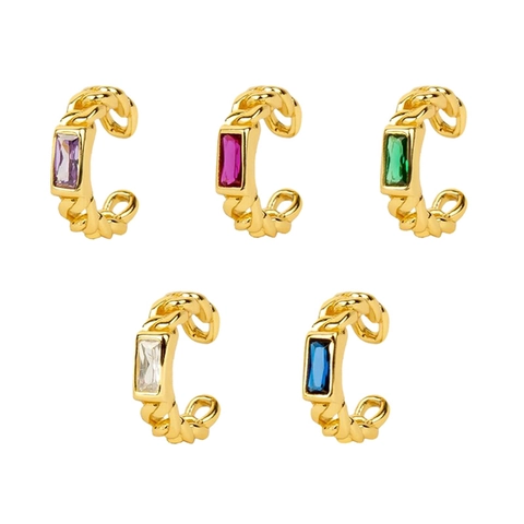 Vintage Copper C-Shaped Ear Clip Earrings For Women With Square Zirconia 18K Gold Plated 925 Sterling Silver Earring Post