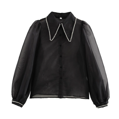 Damen Elegante Schwarze Transparente Organza Bluse Künstliche Perlenbesatz Reverskragen Lange Puffärmel Lockerer Netzoberteil