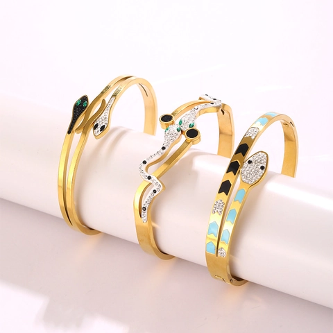 Luxury Stainless Steel Snake Bangle Bracelet For Women Gold Plated Rhinestone Enamel Serpentine Open Cuff Jewelry Gift