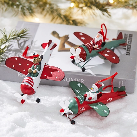 Weihnachts Eisen Doppeldecker Hängedekoration Weihnachtsmann Schneemann Rentier Festlicher Baumschmuck Metall Flugzeug Figur