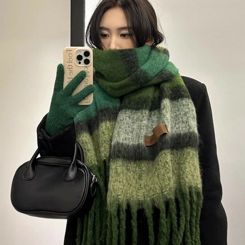 Koreanischer Stil Mohair Textur Gestreifter Schal Für Damen Winter Dick Warm Imitation Kaschmir Quaste Schal Langer Halswärmer