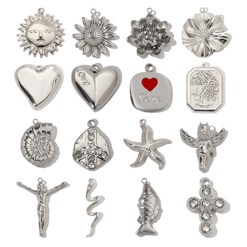 Edelstahl DIY Anhänger Charms Silberfarben Vintage Kreuz Sonnenblume Engel Herz Seestern Für Schmuckherstellung Damen